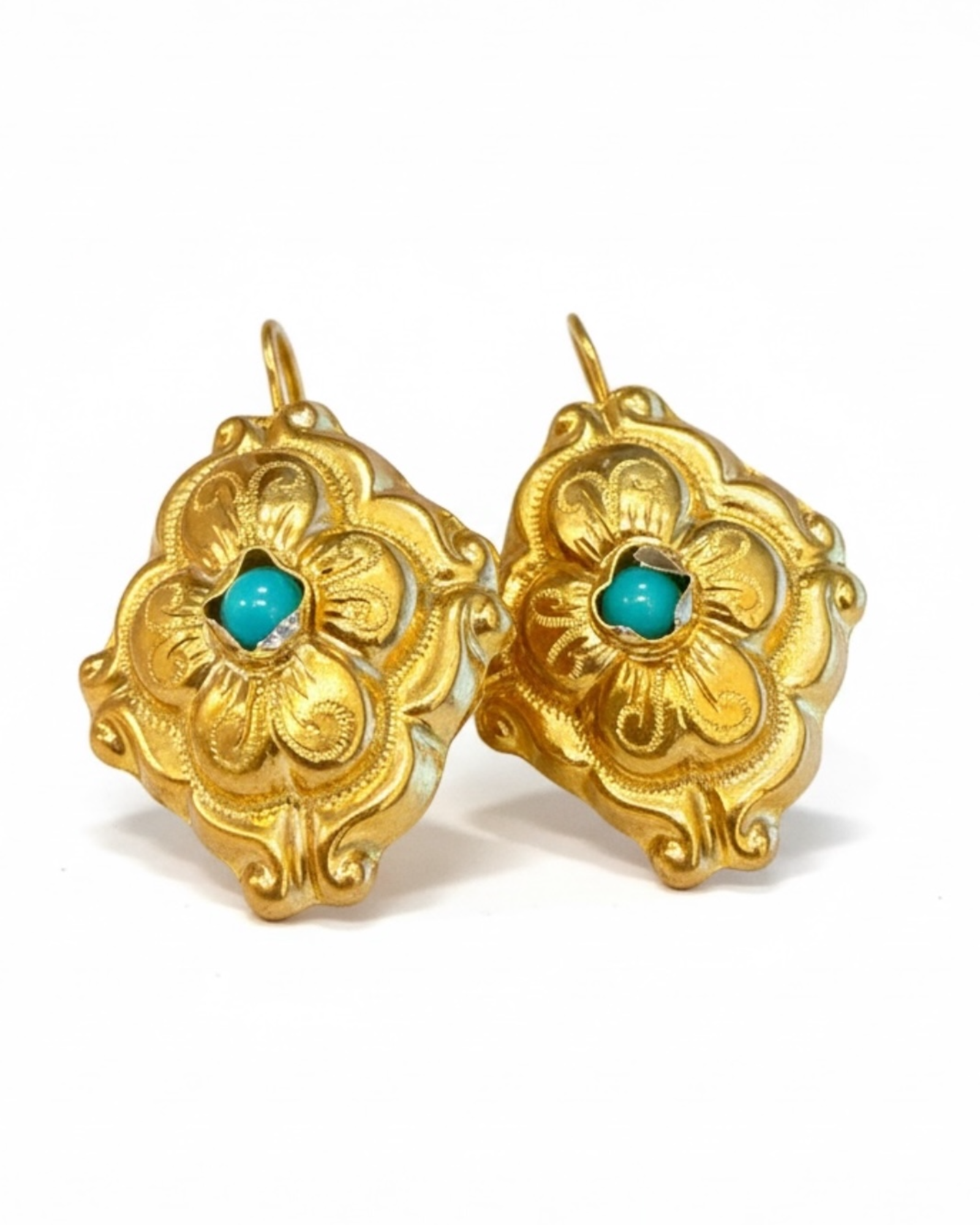 Brincos Barrocos com Pedra Azul Turquesa em Prata Dourada