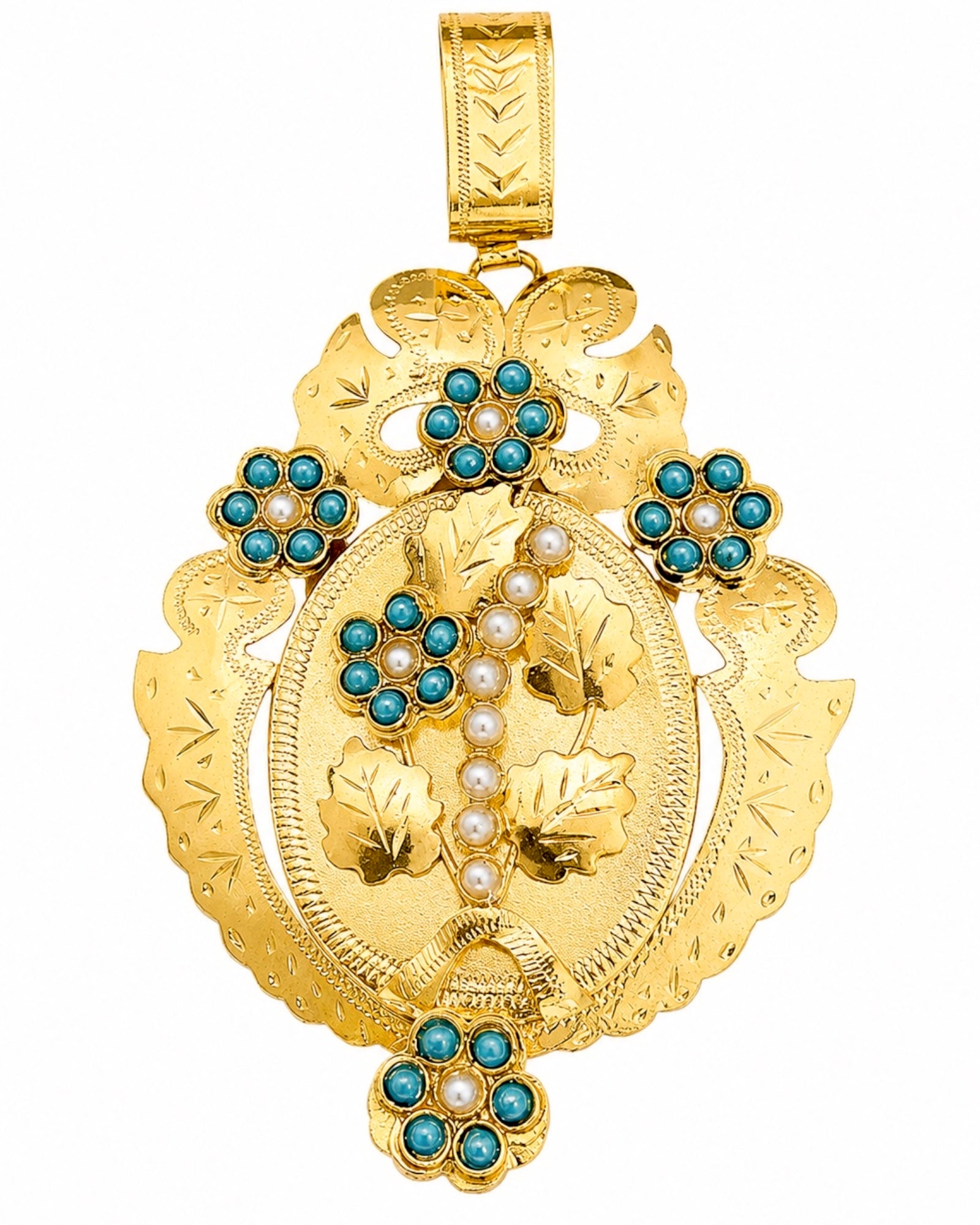Silver-plated Gramalheira Medal with Pearls and Turquoise Stones