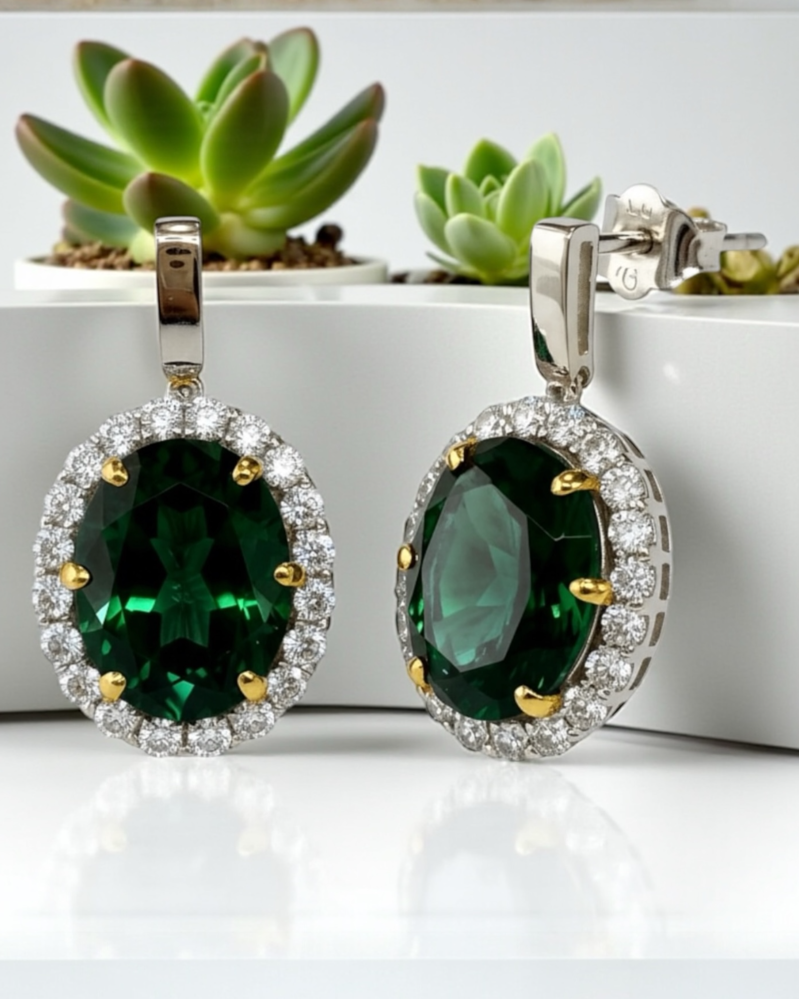 Brincos Lady Di Verdes em Prata e Ouro