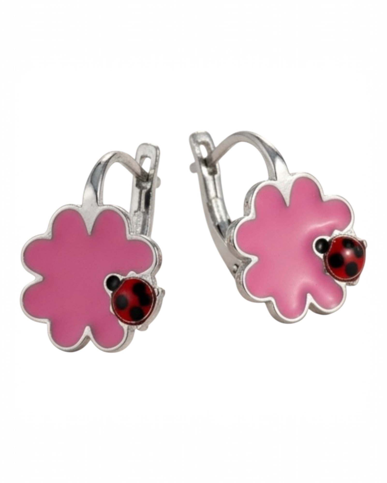 Brincos com Flor e Joaninha de Criança em Prata (com Gancho)