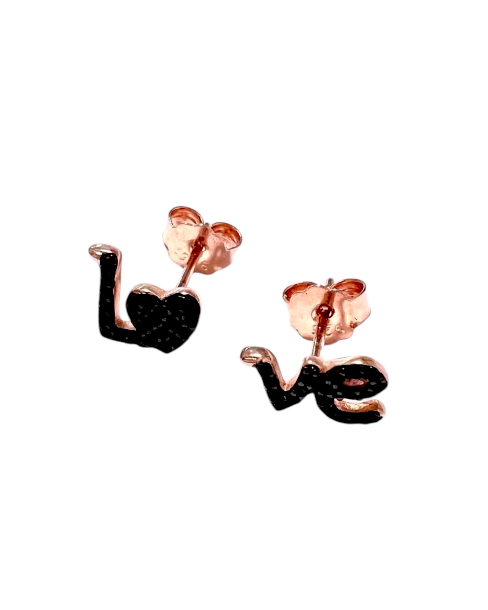 Brincos Love Pretos em Prata Rosa