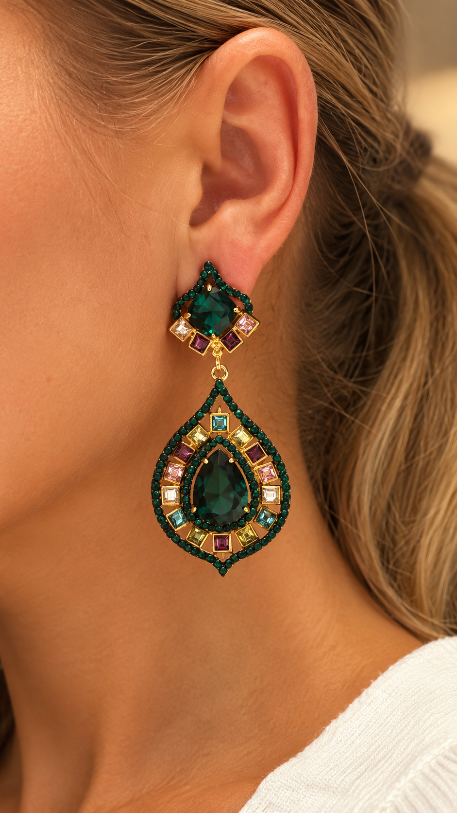 Drop Earrings with Pink and Green Stones in Gold-Plated Silver