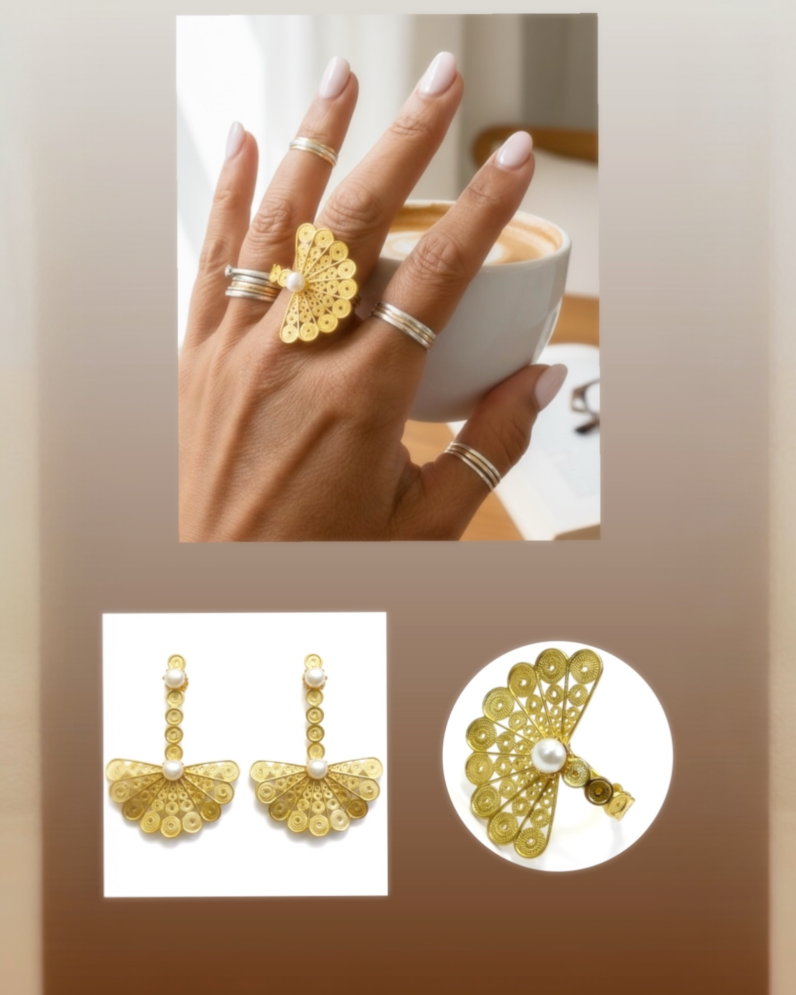 Anel Leque Filigrana em Prata Dourada