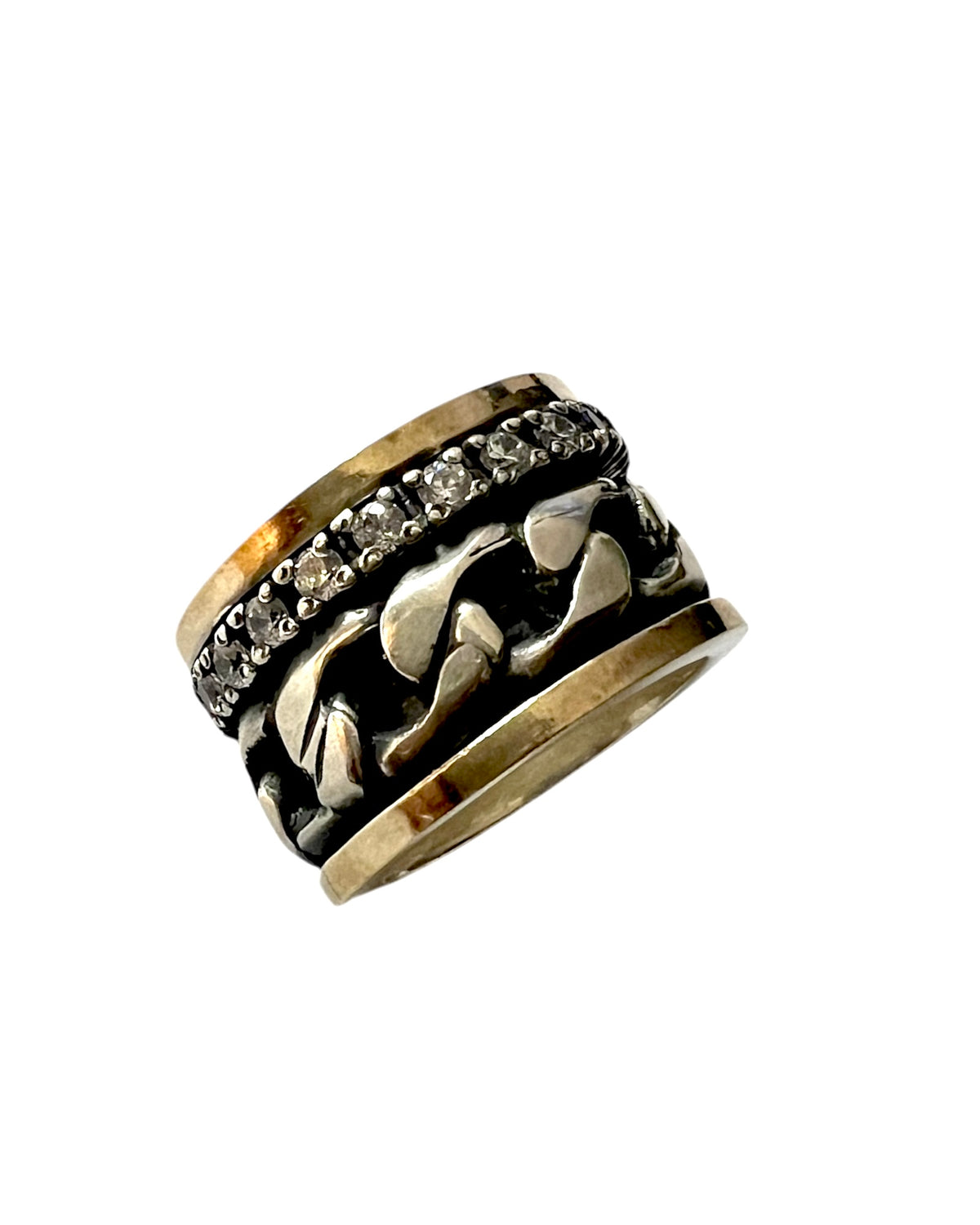 Anti-stress ring with silver and gold chain.