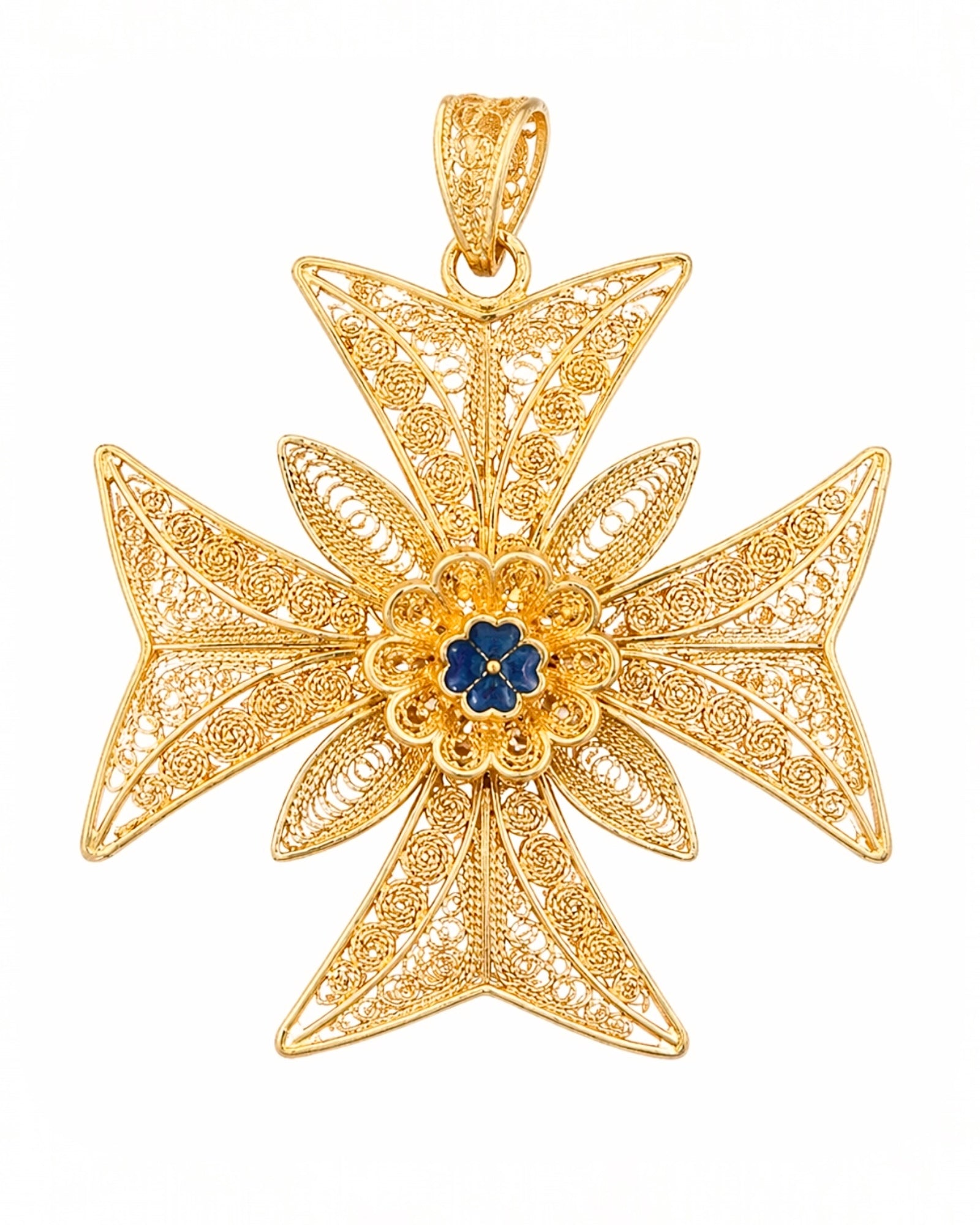 Medalha Cruz de Malta em Prata Dourada com Esmalte Azul