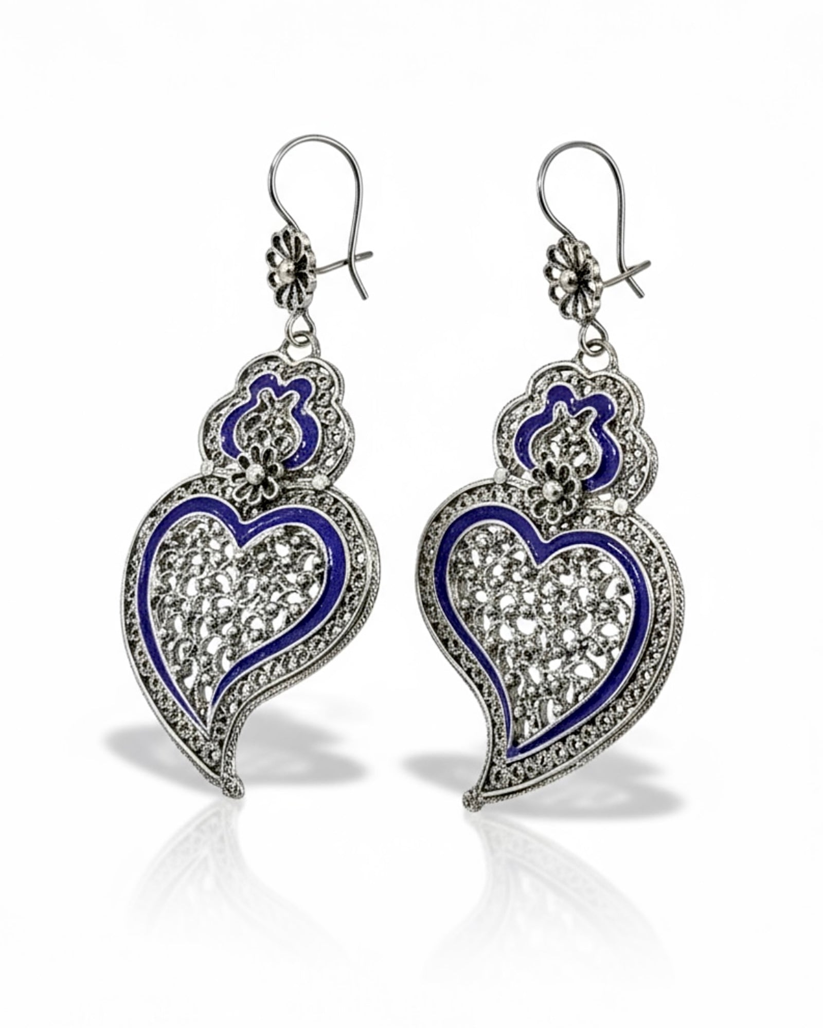 Viana Heart Earrings with Blue Filigree Enamel in Silver