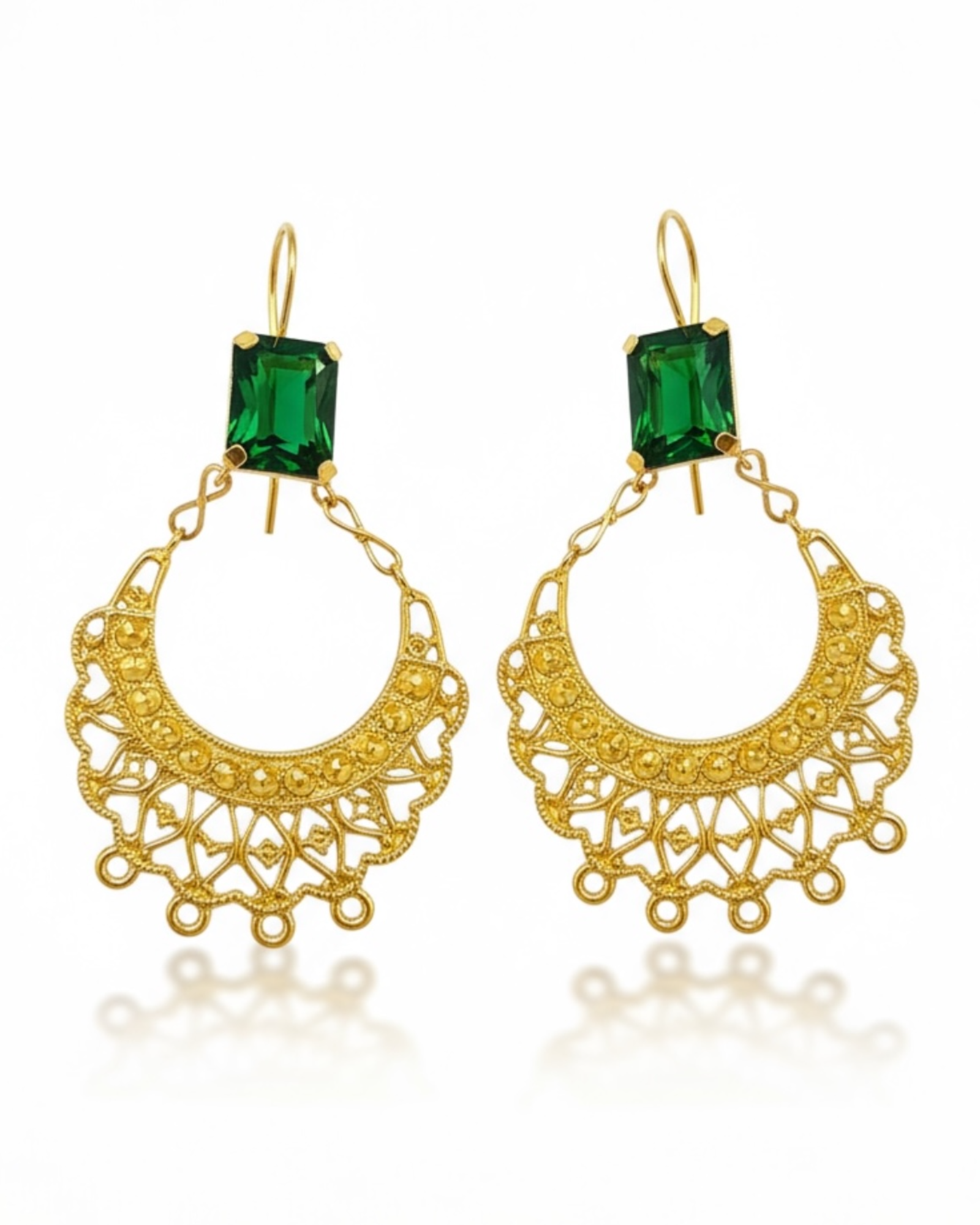 Green Filigree Earring Studs in Gold-Plated Silver