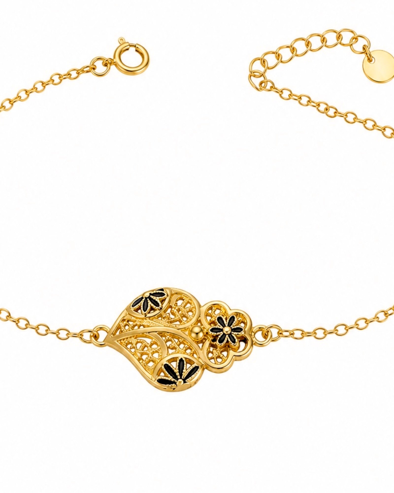 Pulseira Coração de Viana com Esmalte Preto em Prata Dourada