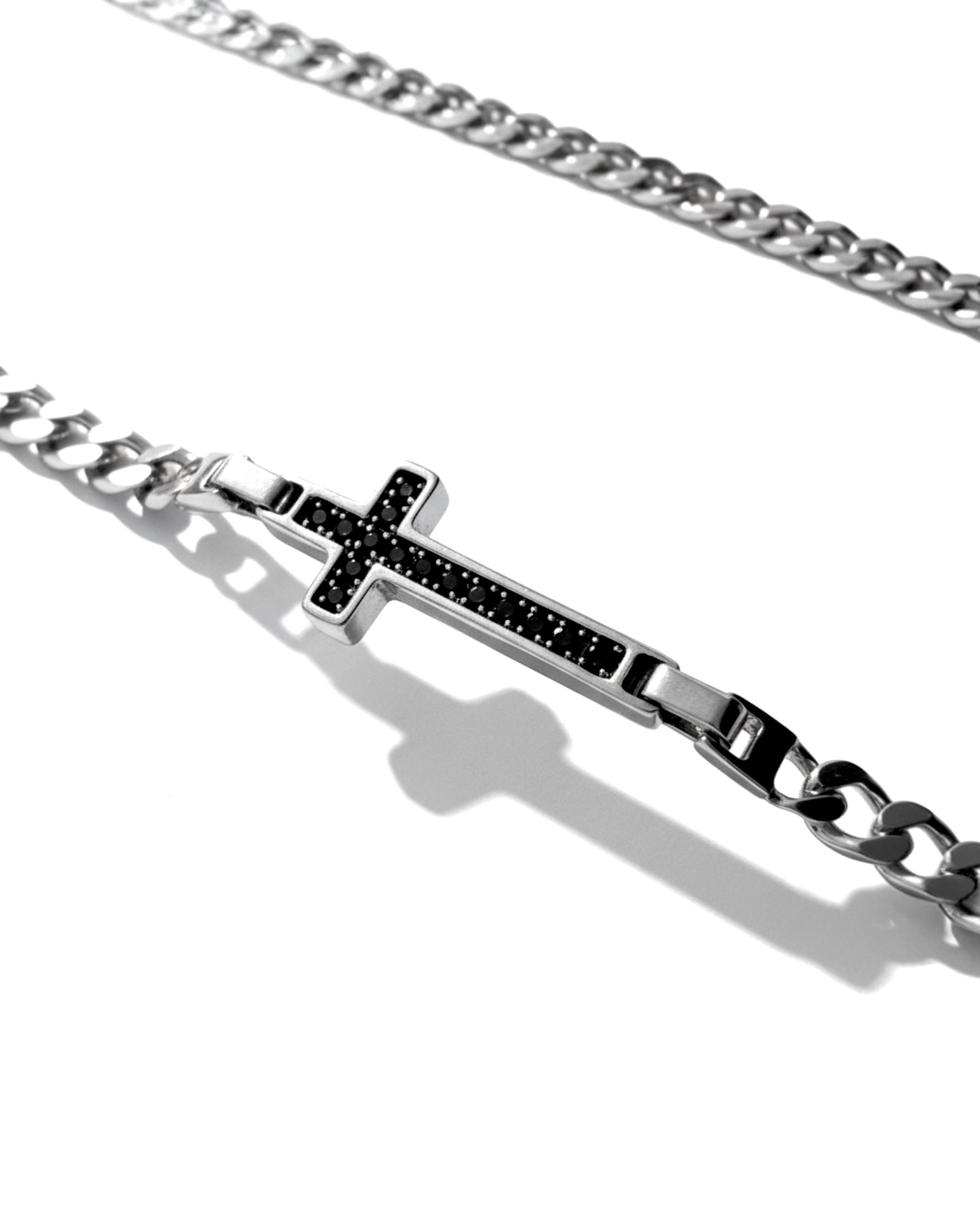 Men's Silver Cross Necklace with Black Stones