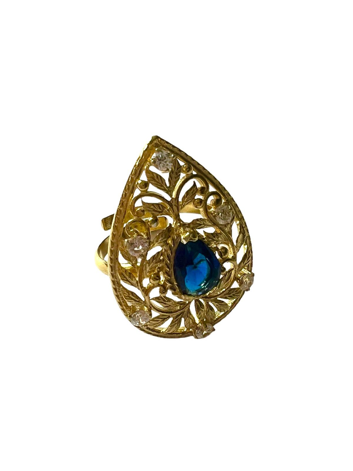 Blue Stone Drop Ring in Gold Plated Silver