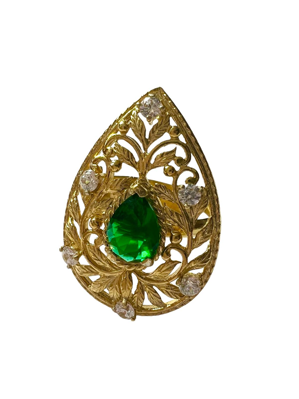 Green Stone Drop Ring in Gold Plated Silver