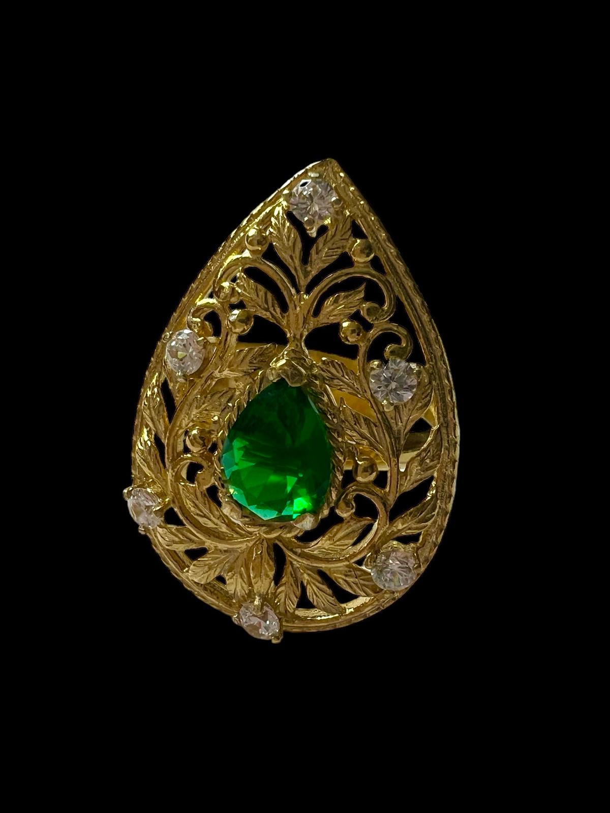 Green Stone Drop Ring in Gold Plated Silver