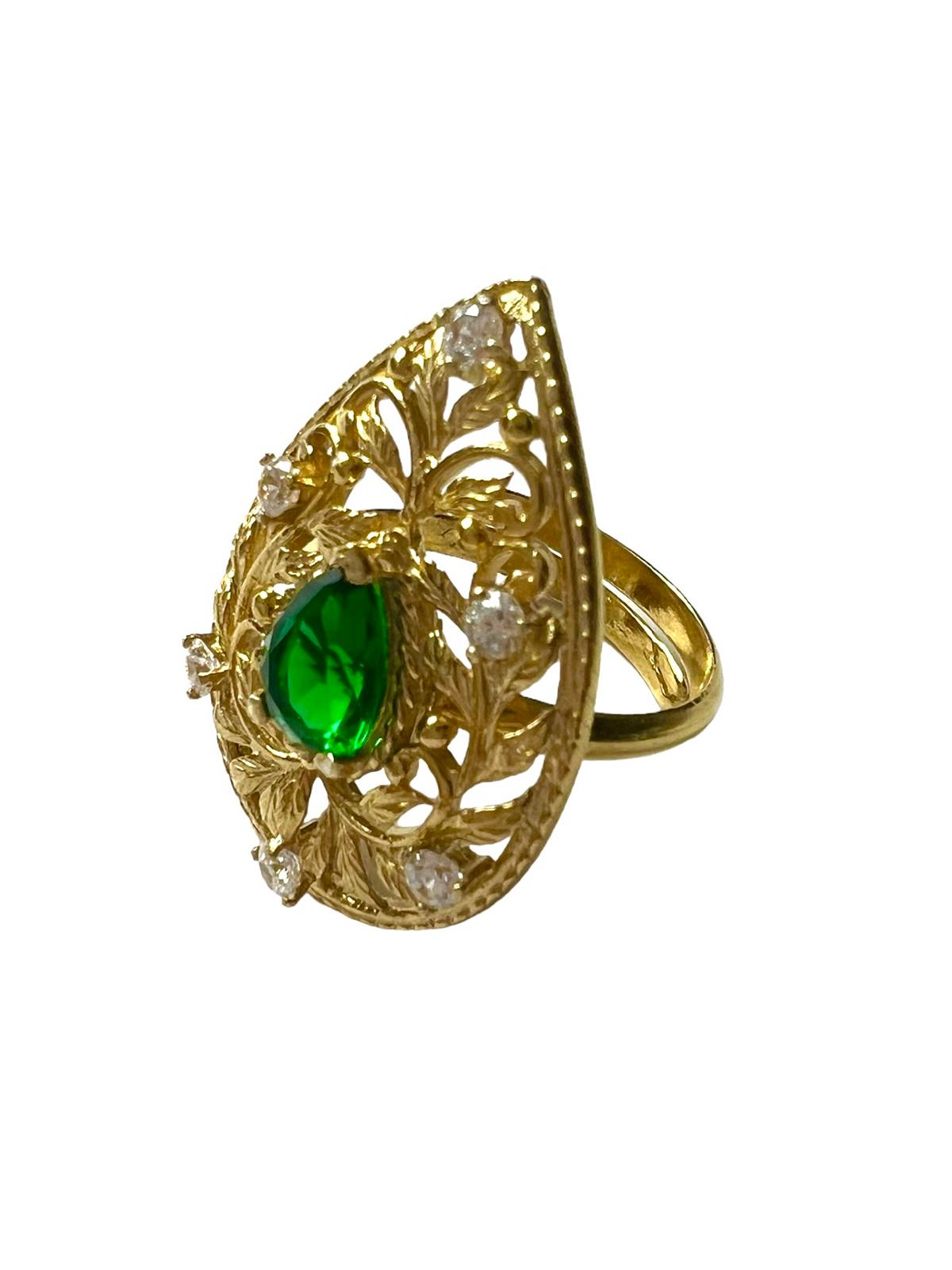 Green Stone Drop Ring in Gold Plated Silver