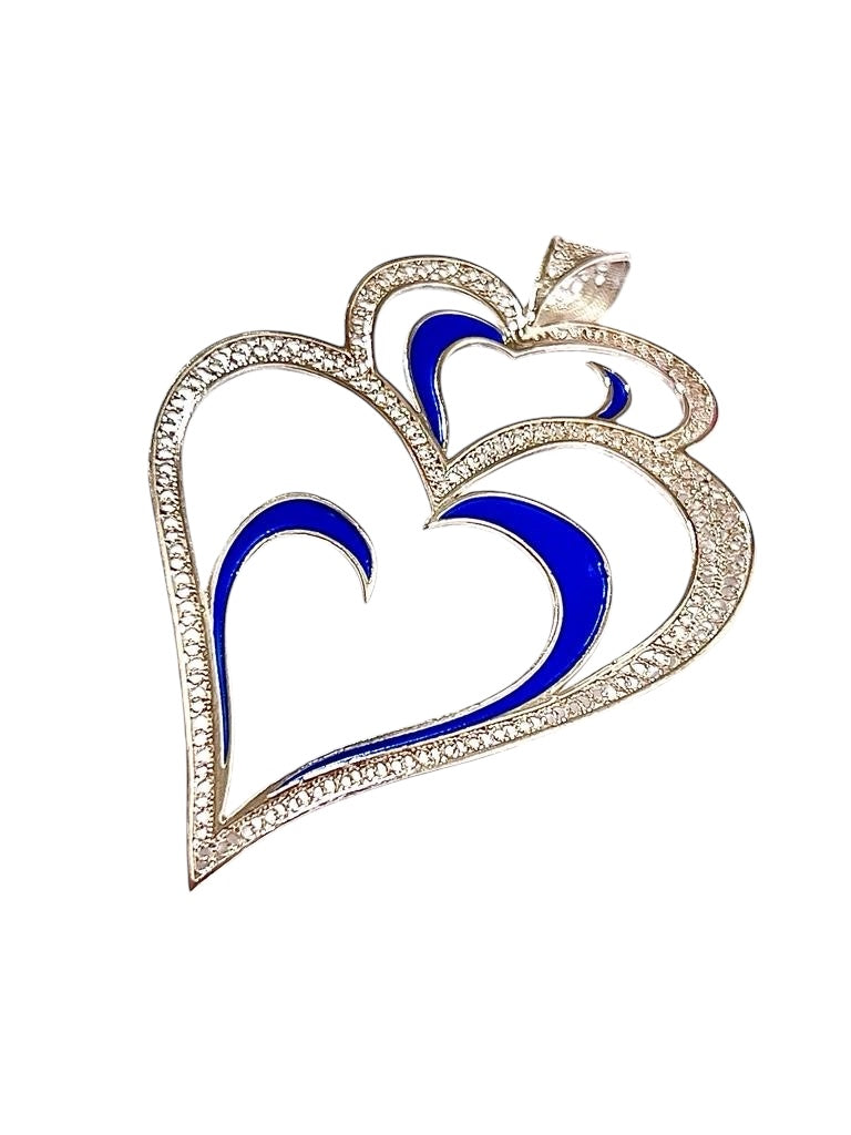 Medalha Coração Viana é Amor Com Esmalte Azul em Prata