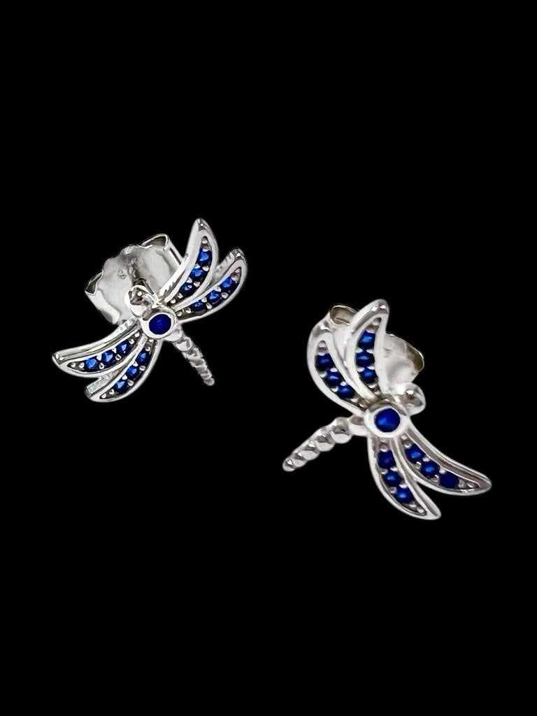 Blue Dragonfly Earrings in Silver