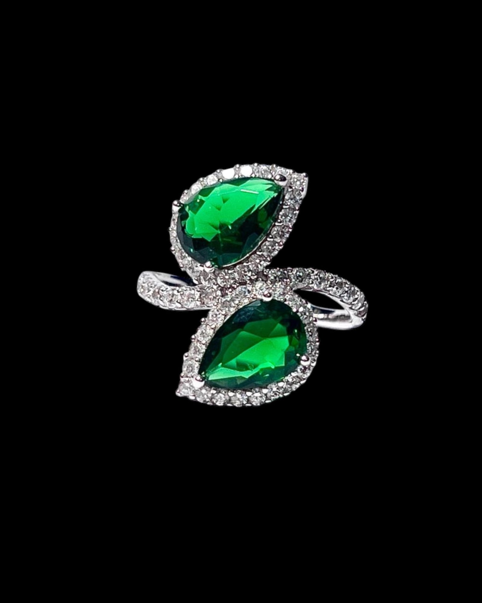 Anel Gotas Verdes em Prata