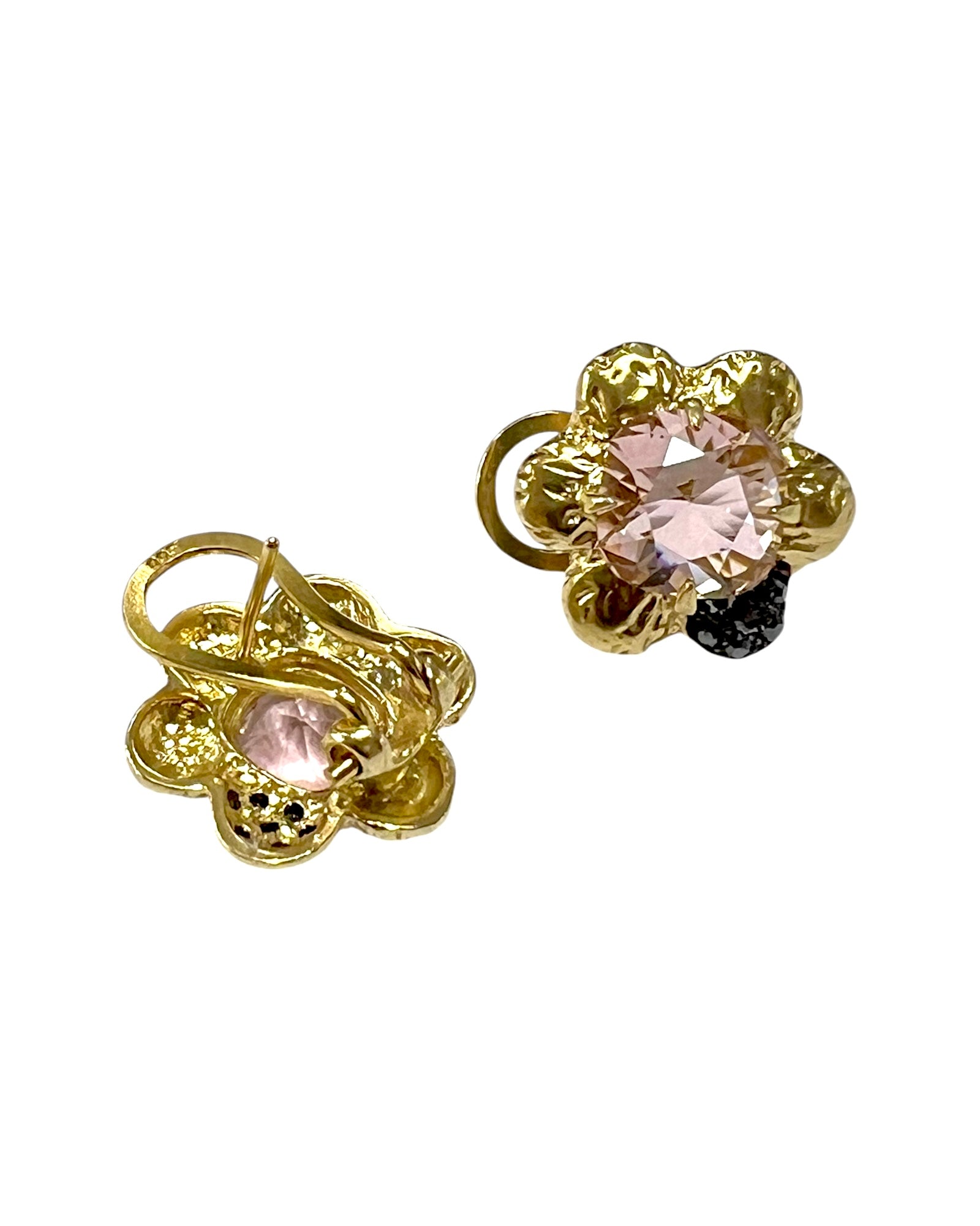 Black and Pink Flower Earrings in Gold Plated Silver