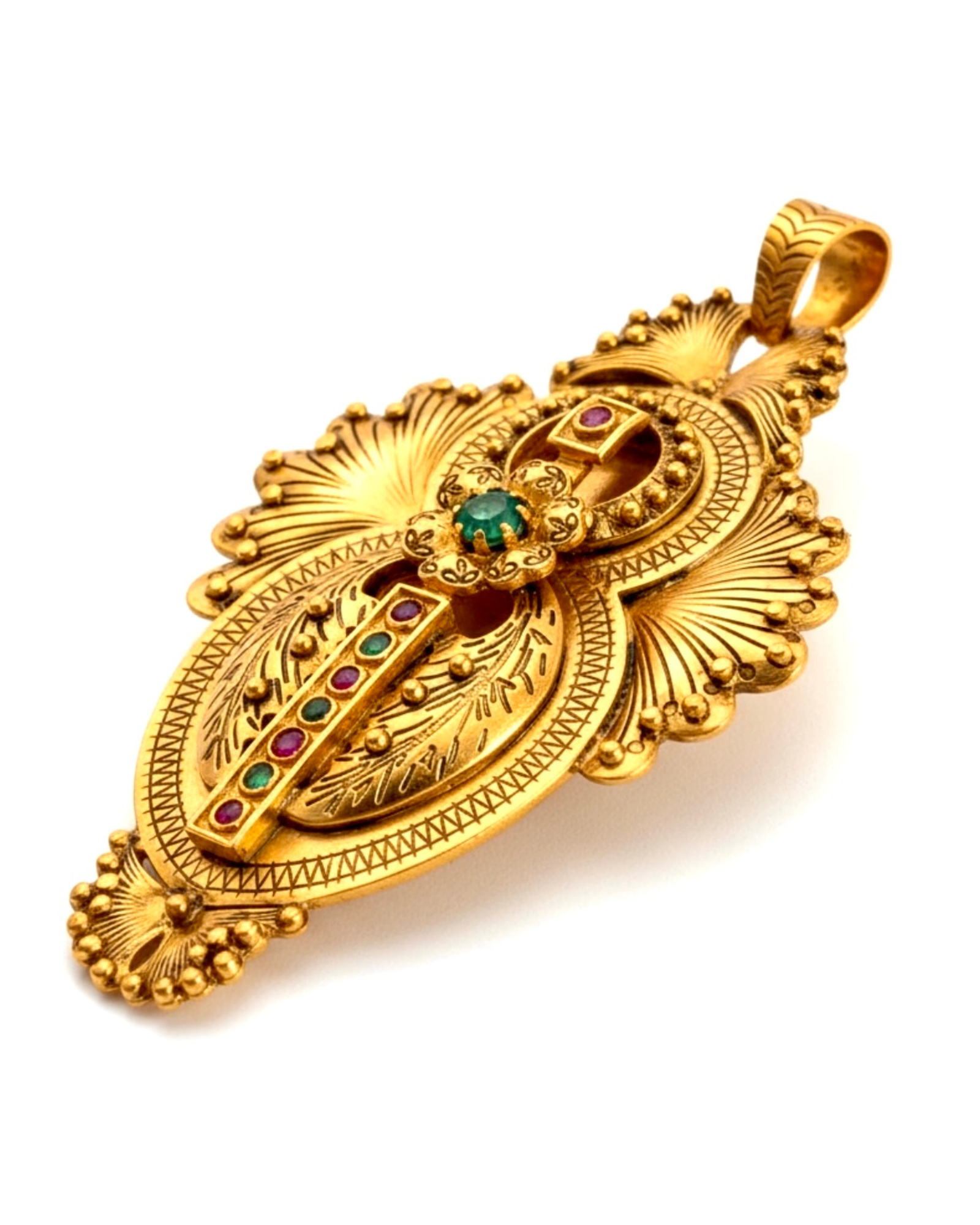 Medalha Gramalheira em Prata Dourada com Pedras Verdes e Vermelhas