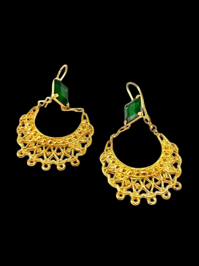 Brincos Arrecadas Verdes de Filigrana em Prata Dourada