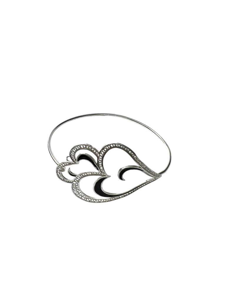 Pulseira / Escrava Coração Viana de Amor com Esmalte Preto em Prata
