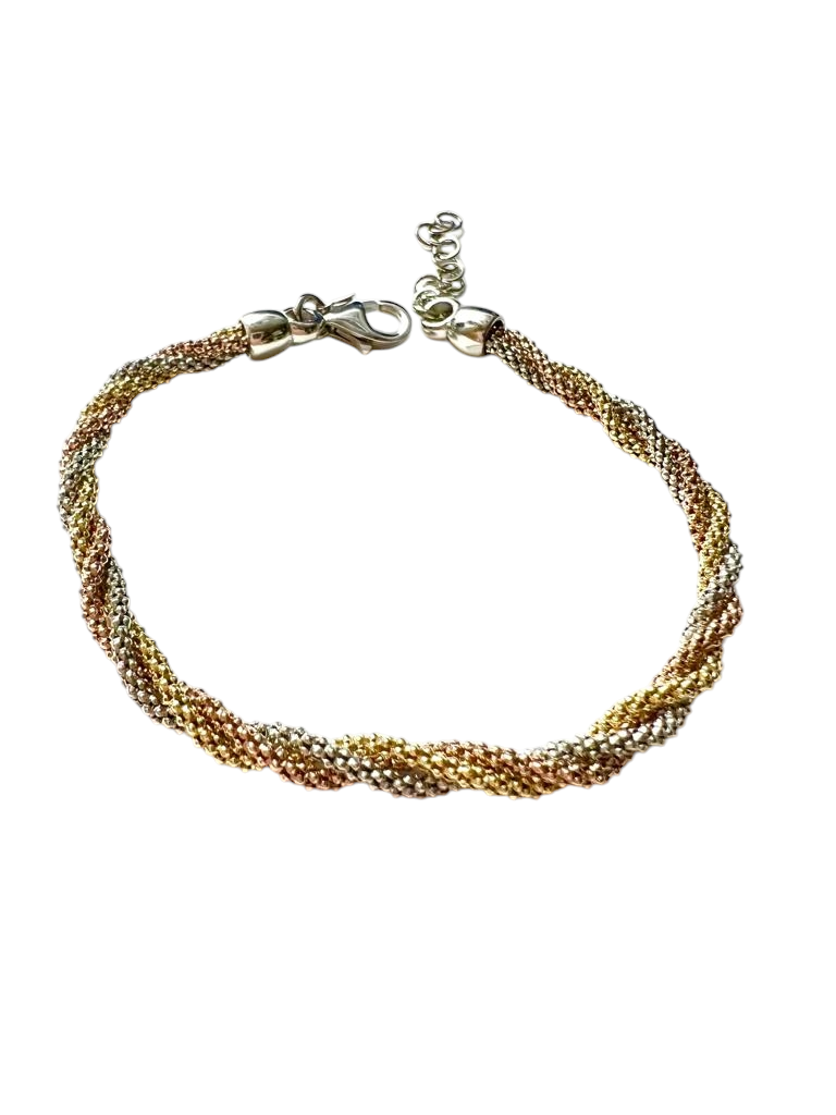 Pulseira Torcida em Prata Branca, Rosa e Dourada