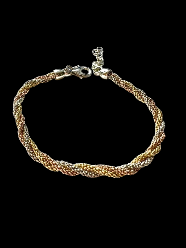 Pulseira Torcida em Prata Branca, Rosa e Dourada