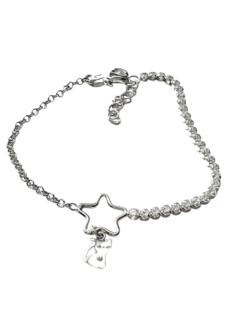 Pulseira Estrela e Gato em Prata