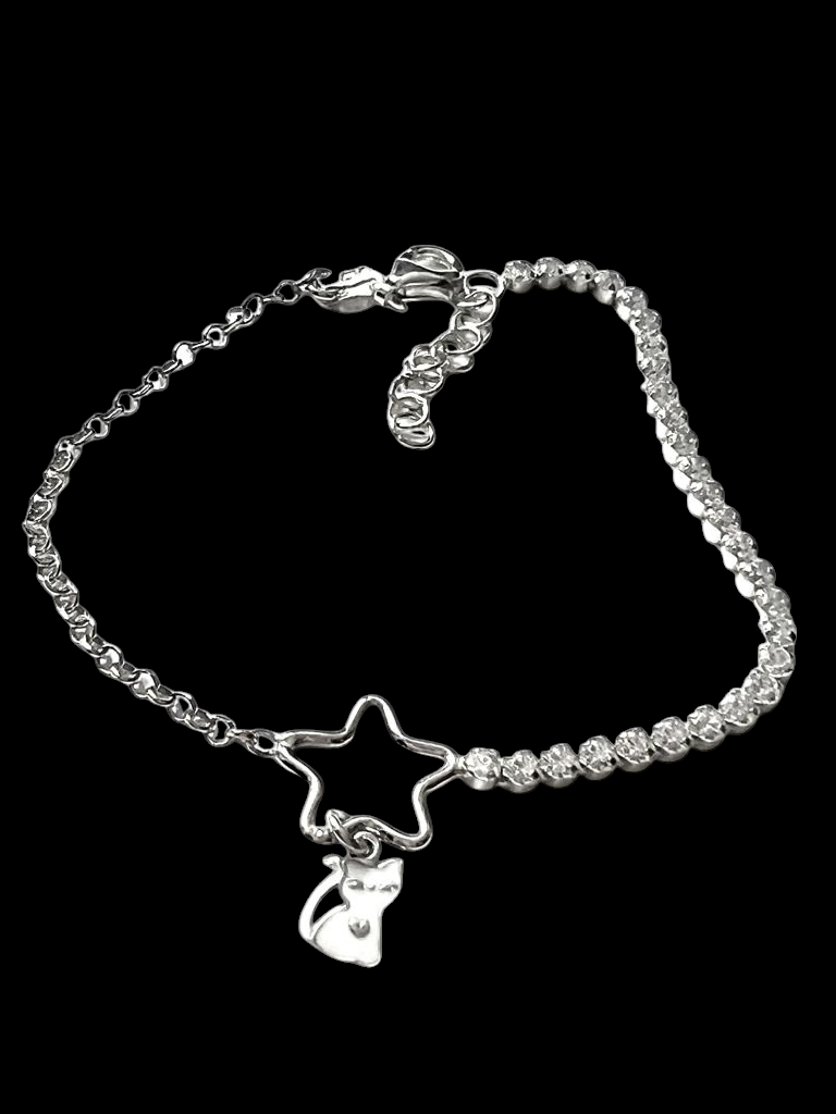 Pulseira Estrela e Gato em Prata