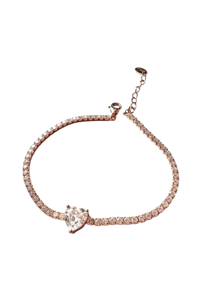 Pulseira Brilhos com Coração em Prata Rosa