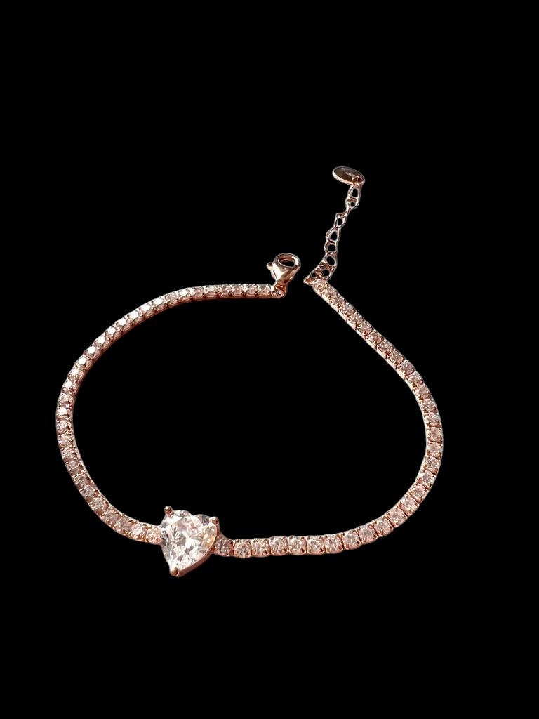 Pulseira Brilhos com Coração em Prata Rosa