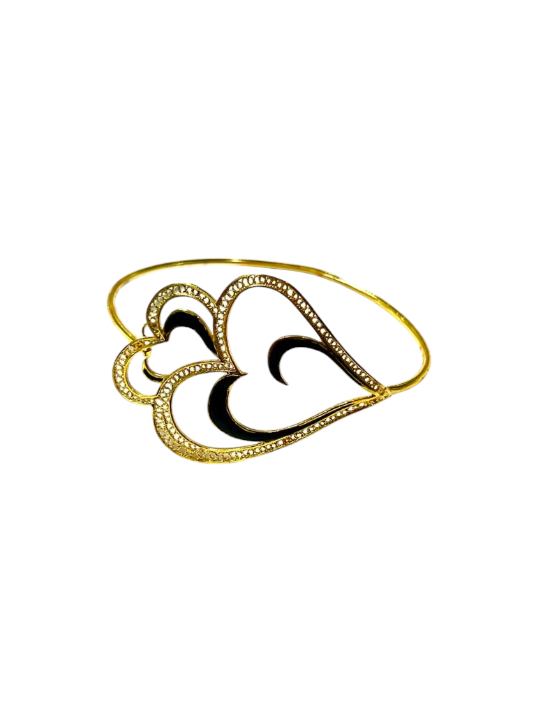 Pulseira / Escrava Coração Viana de Amor com Esmalte Preto em Prata Dourada