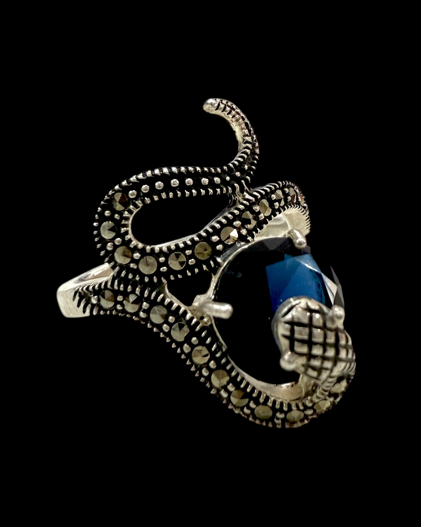 Anel Cobra com Pedra Azul em Prata