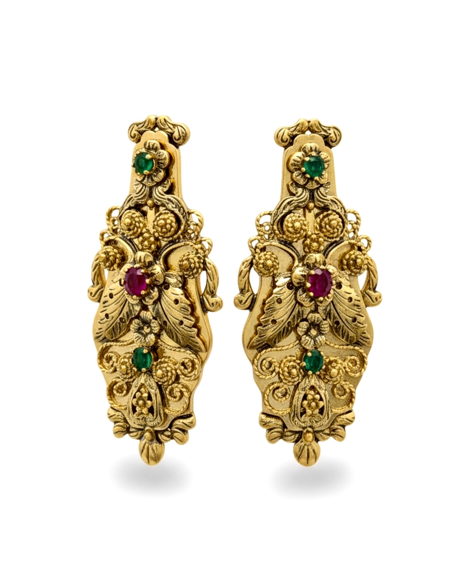 Brincos Gramalheira em Prata Dourada com Pedras Verdes e Vermelhas