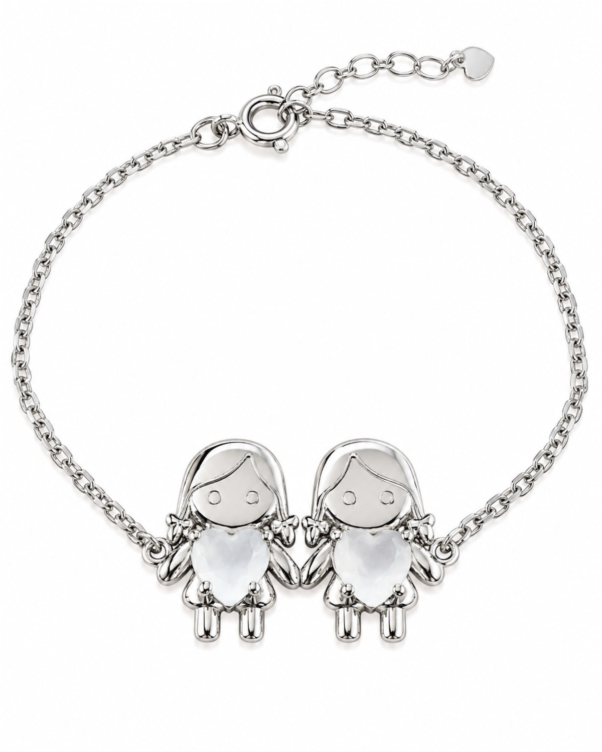Bracelet with Two Girls, Silver with White Hearts