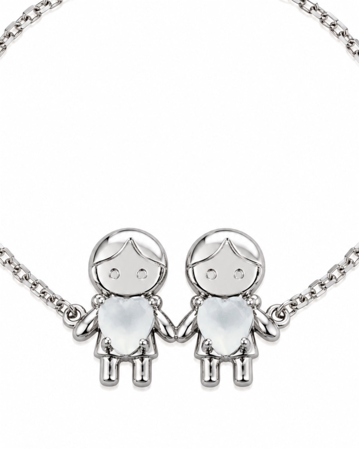 Bracelet with Two Boys in Silver with White Hearts