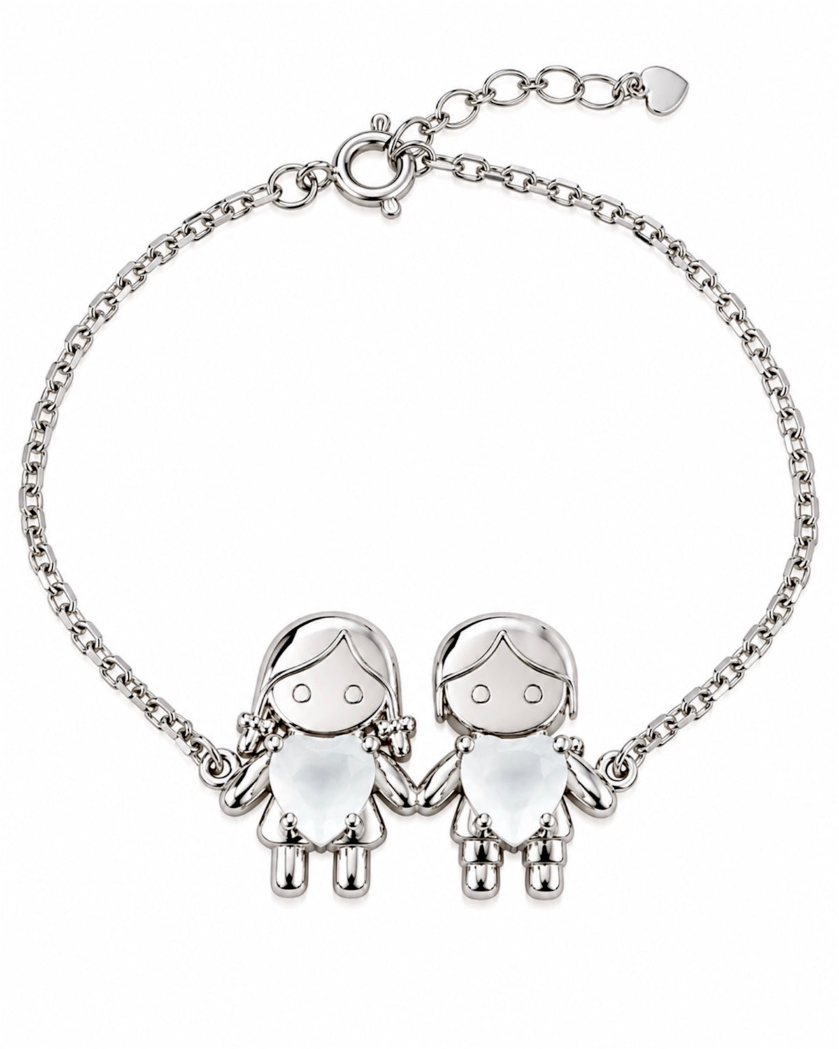 Pulseira com Menino e Menina em Prata com Corações Brancos