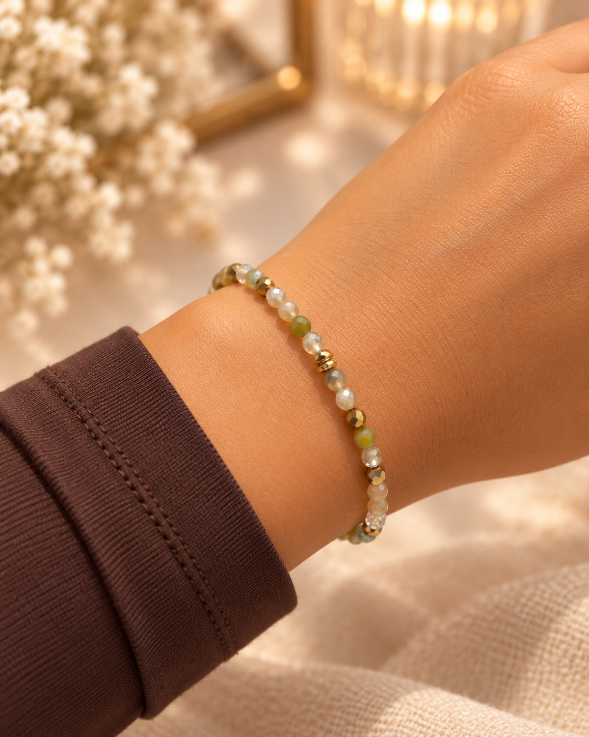 7 - Pulseira Pedras Tons Pistache com Prata