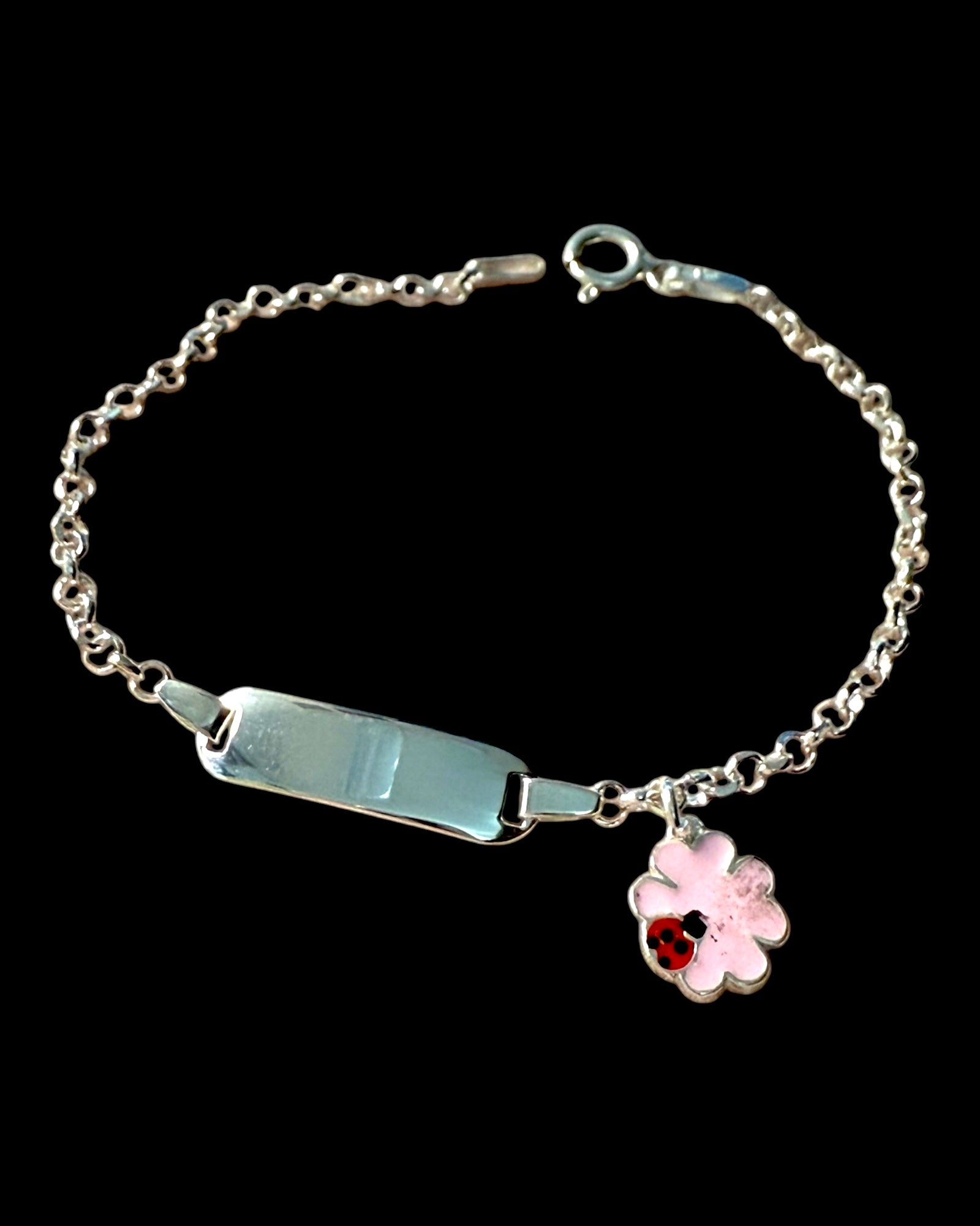 Pulseira Chapa com Flor e Joaninha de Criança em Prata