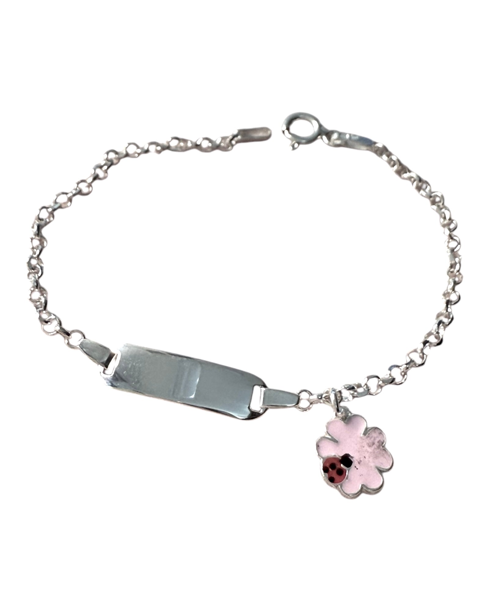 Pulseira Chapa com Flor e Joaninha de Criança em Prata 925%, chapa gravável, design delicado e simbólico, ideal para crianças.
