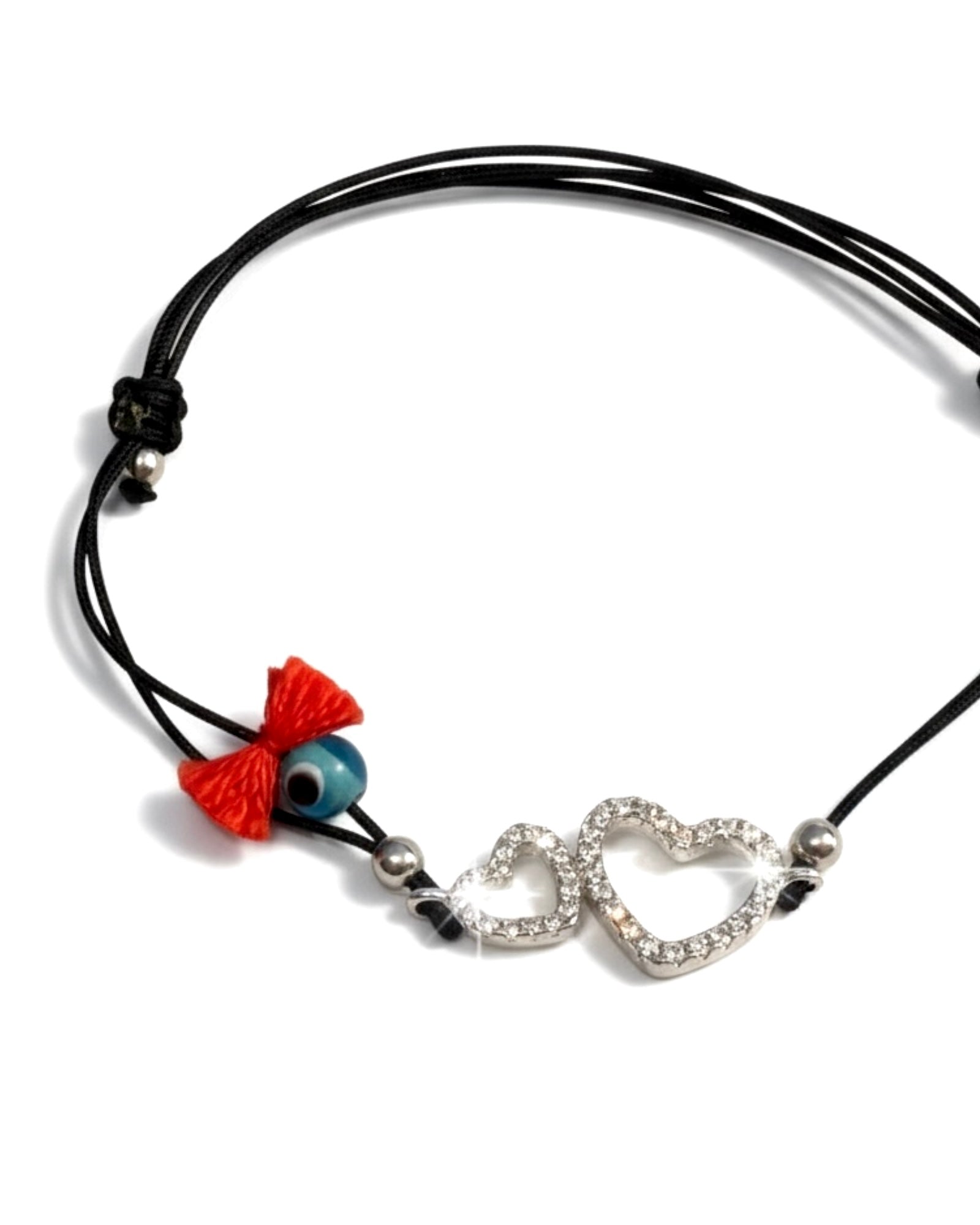 Pulseira Seda Corações em Prata Branca