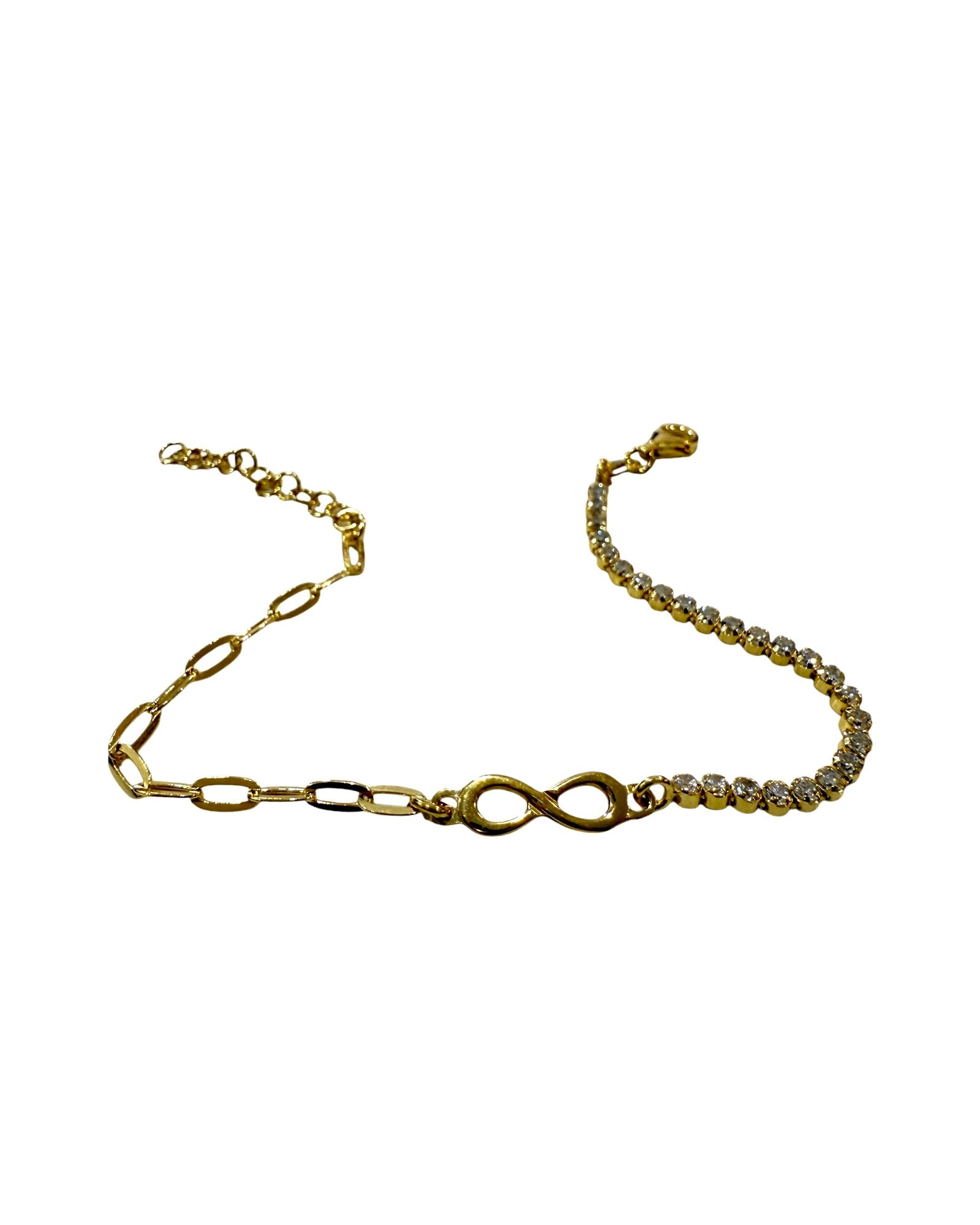 Pulseira com Infinito em Prata Dourada, design elegante e moderno. Pulseira com brilho e malha de corrente distinta.