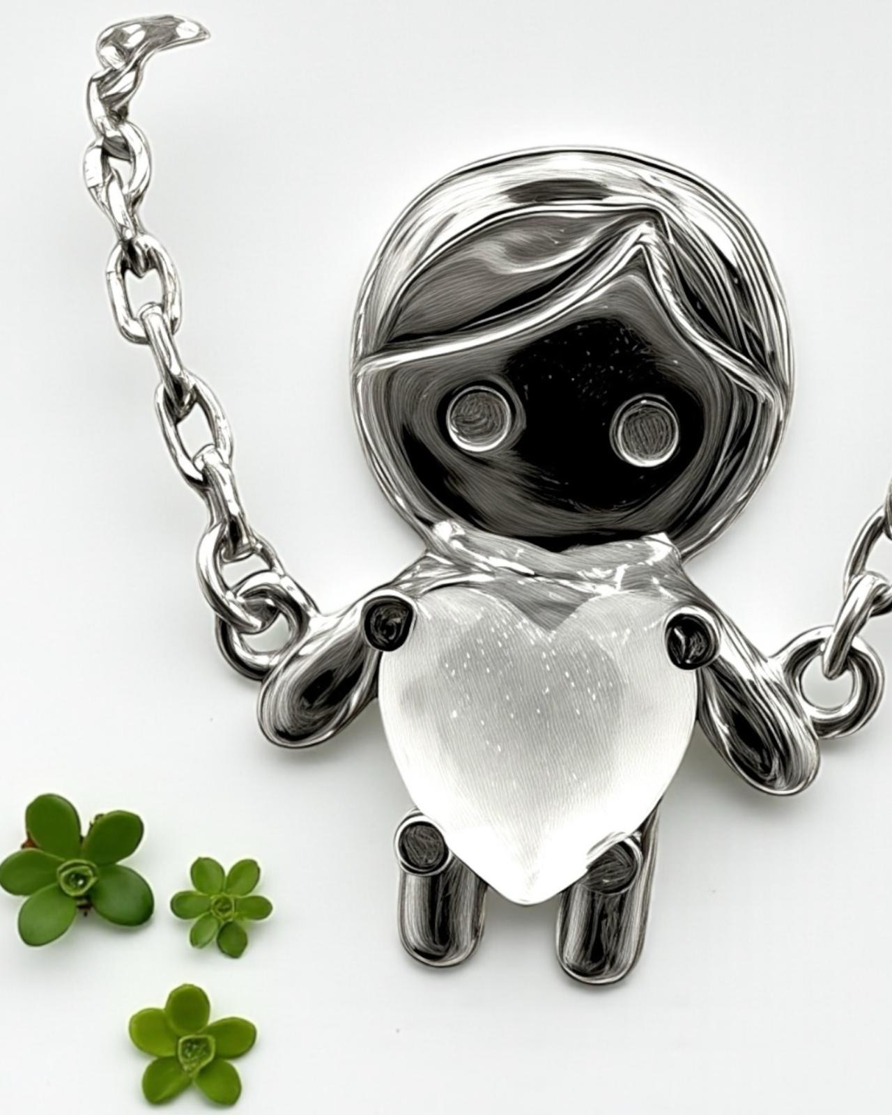 Silver bracelet with boy design and white hearts.