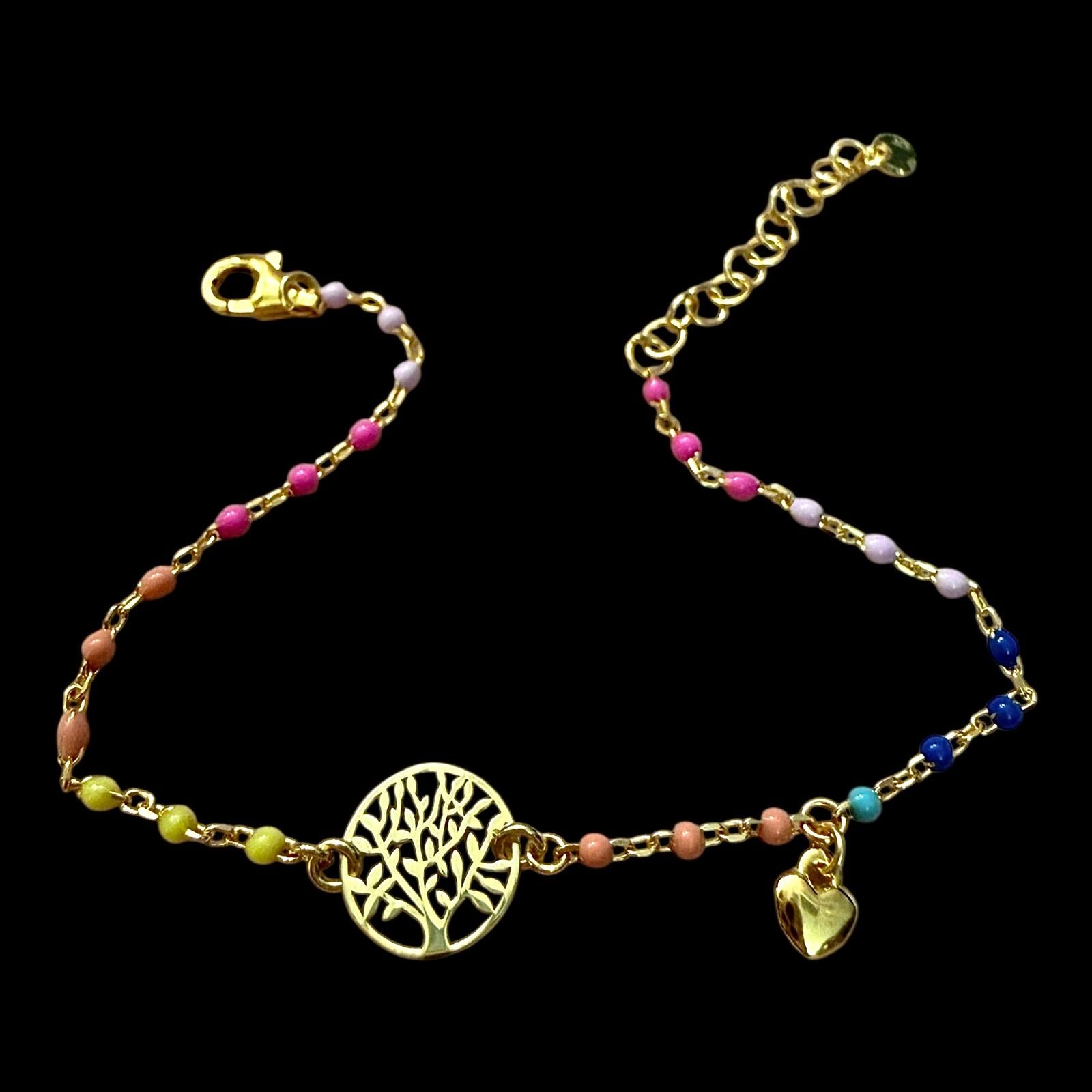 Pulseira Árvore da Vida Colorida em Prata Dourada
