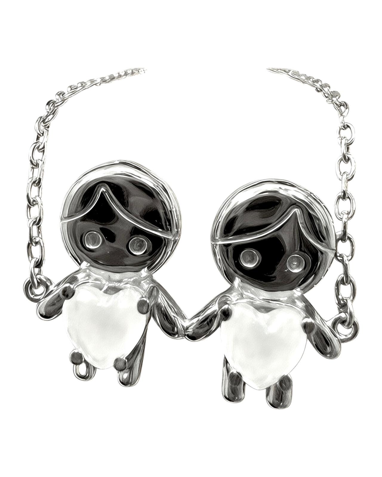 Bracelet with Two Boys in Silver with White Hearts