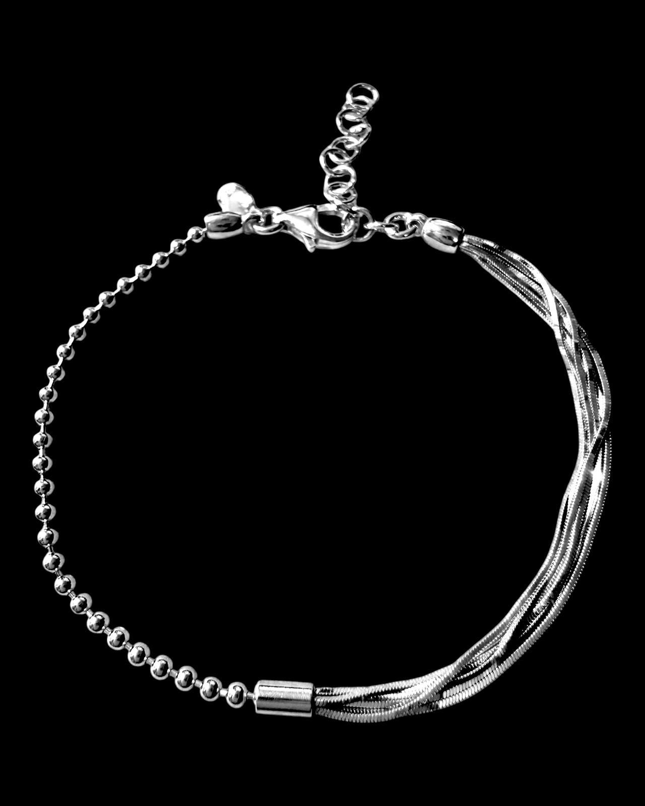 Pulseira em Prata 925% com duas malhas – esferas e entrançado brilhante.