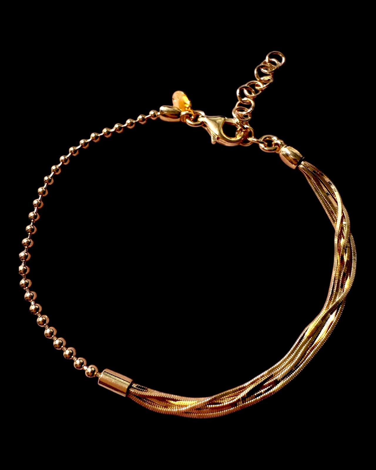 Pulseira em Prata Rosa com duas malhas – esferas e entrançado brilhante.