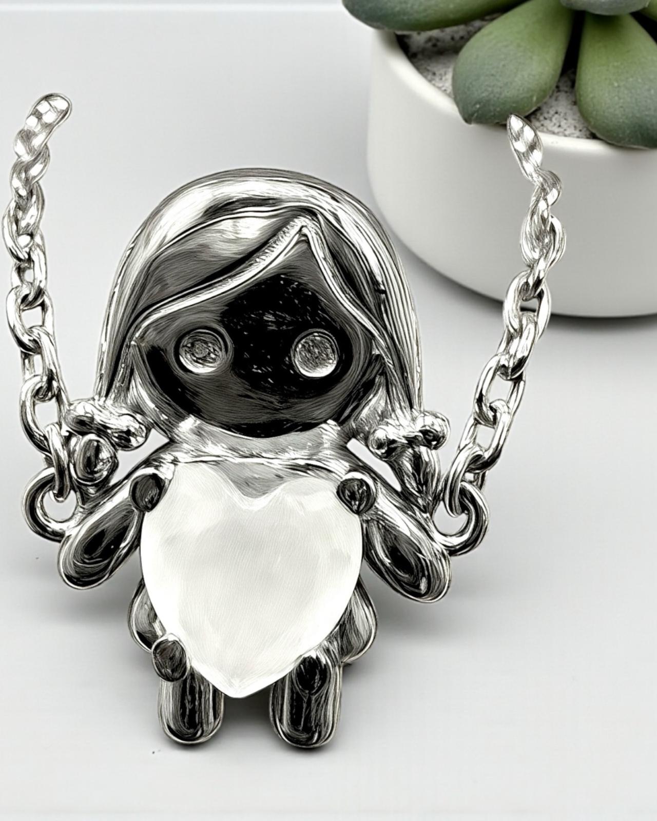 Silver bracelet with girl charm and white hearts.