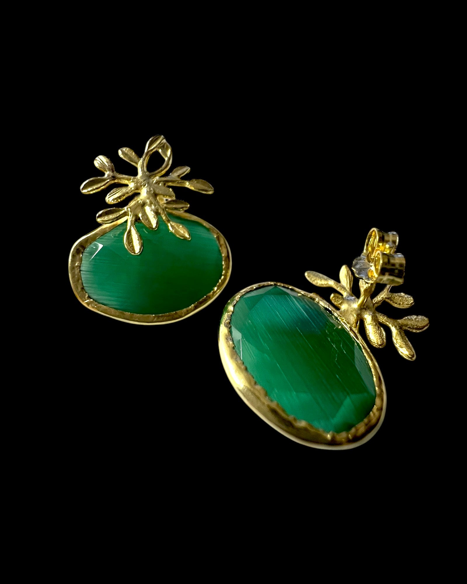 Leaf Earrings with Green Stone in Gold Plated Silver