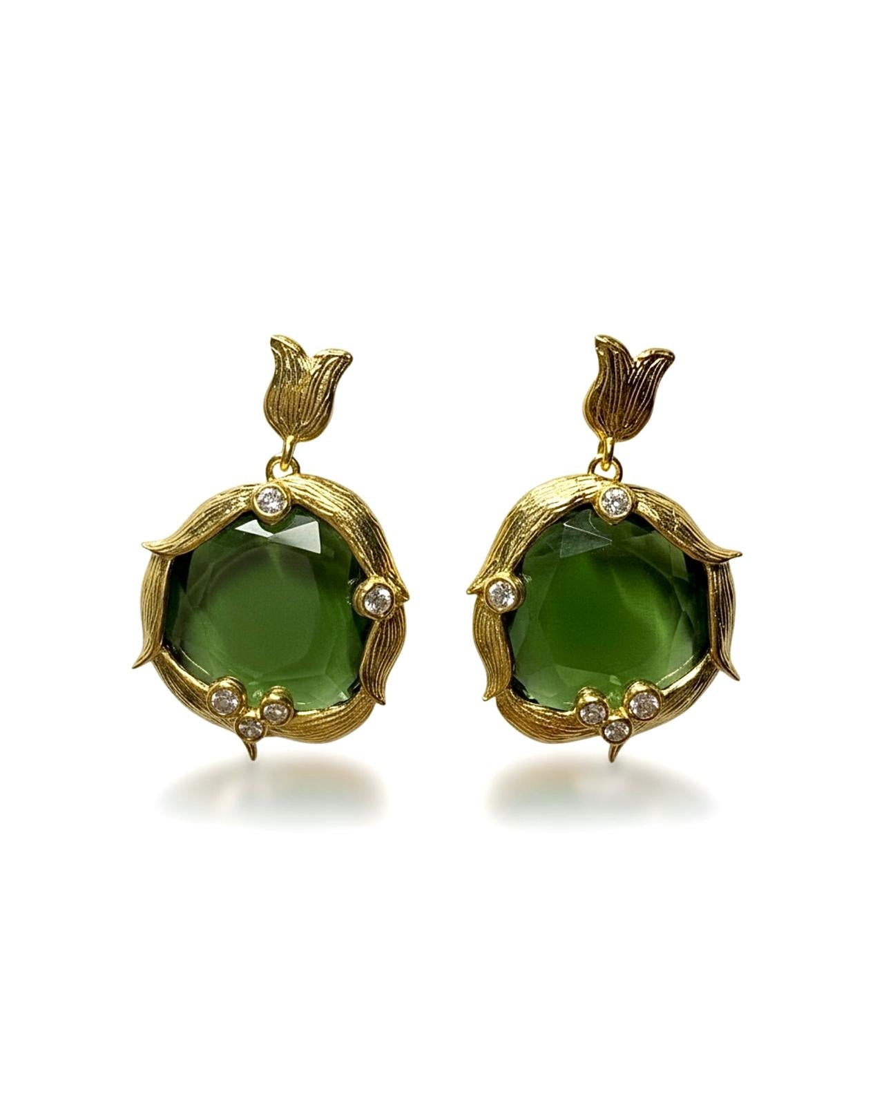 Earrings with Green Stone in Gold-Plated Silver