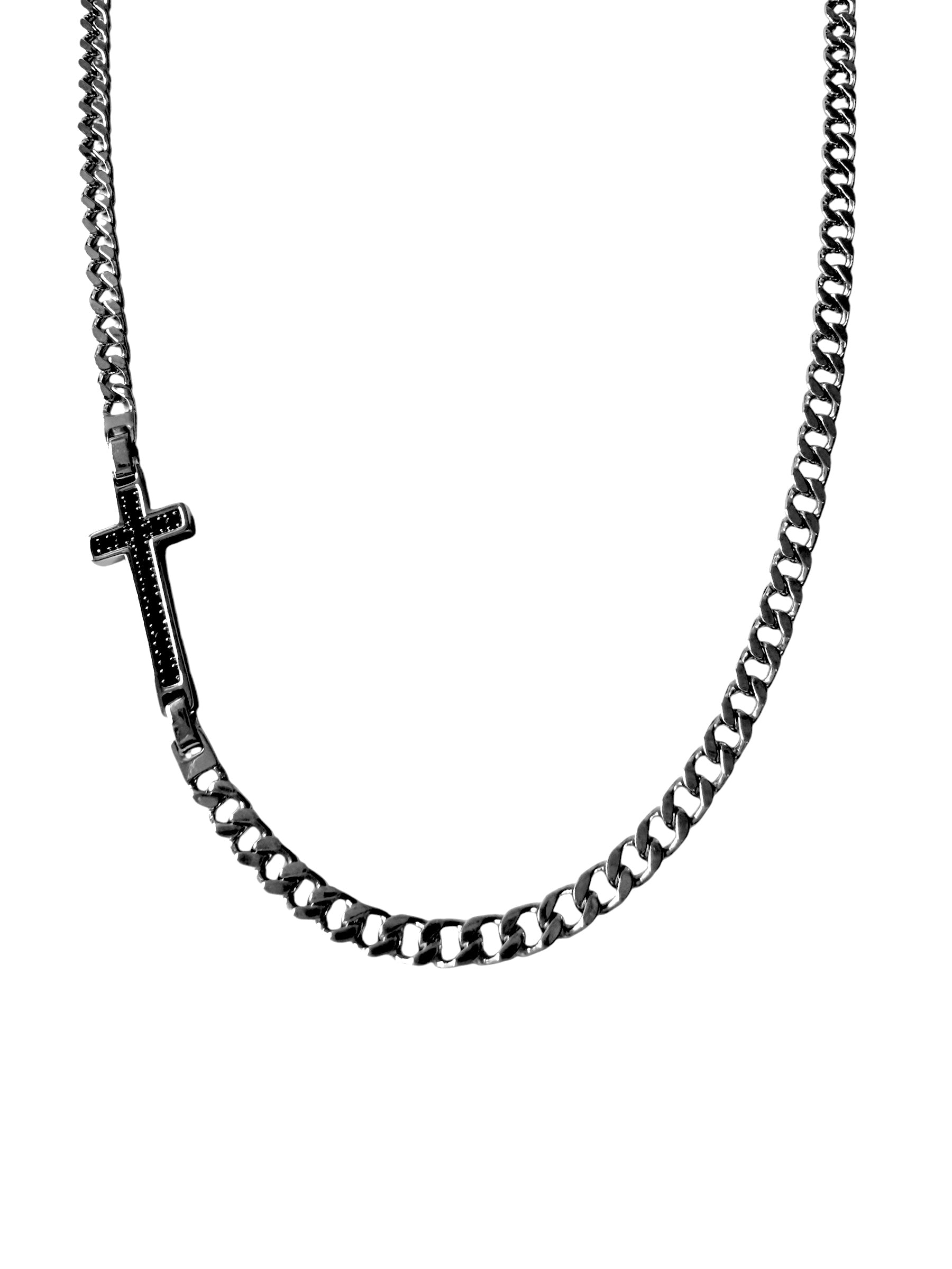 Colar Cruz com Pedras Pretas em Prata - Homem